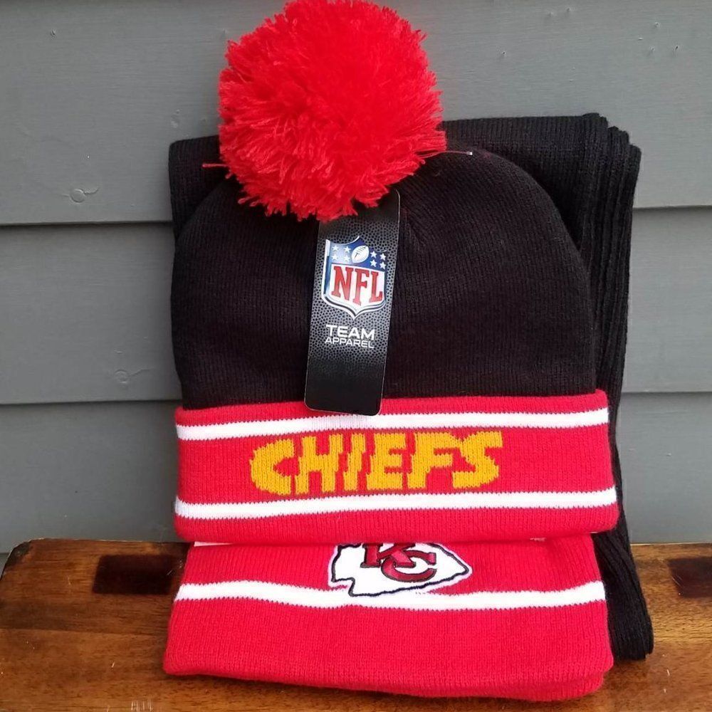 NWT Kansas City Chiefs Knit Black Red Scarf and Hat NFL